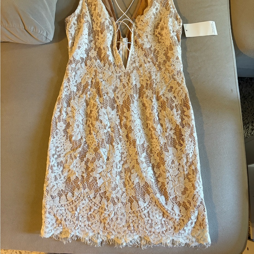Tobi Cream Lace Plunge Dress
